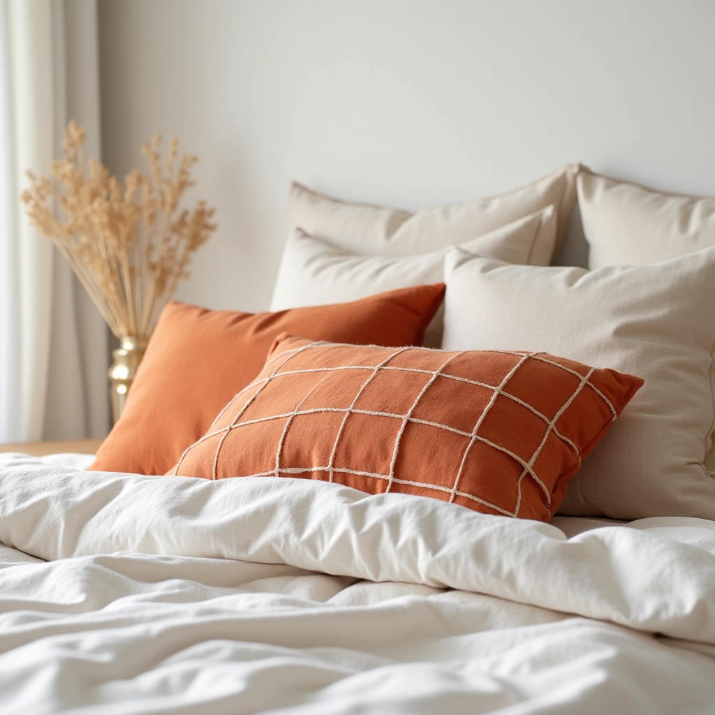 Styled bedroom scene with multiple linen pillows layered on bed with natural textiles and neutral bedding