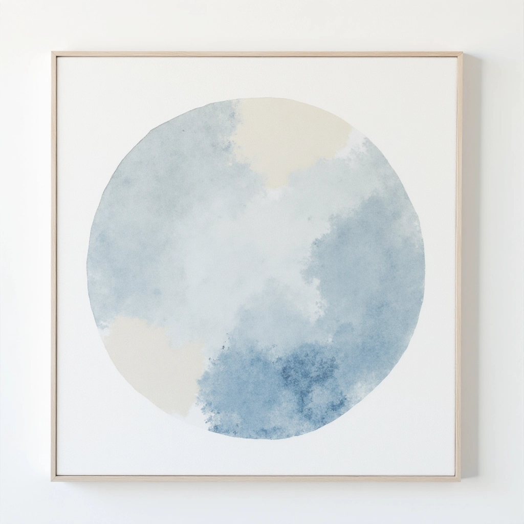 Geometric abstract canvas wall art in dust blue and cream tones, displayed on white background with professional studio lighting