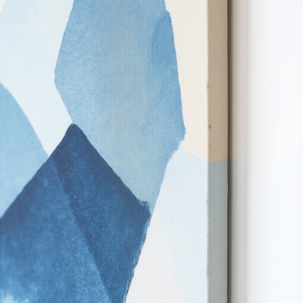 Close-up detail of geometric abstract canvas showing dust blue angular shapes and cream tones with visible canvas texture and archival ink quality
