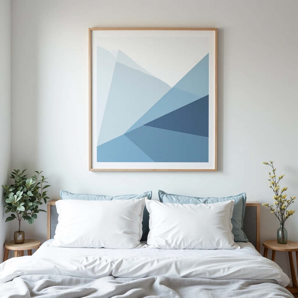 Geometric canvas displayed on bedroom wall showing how the dust blue and cream colors complement neutral interior design with modern furnishings