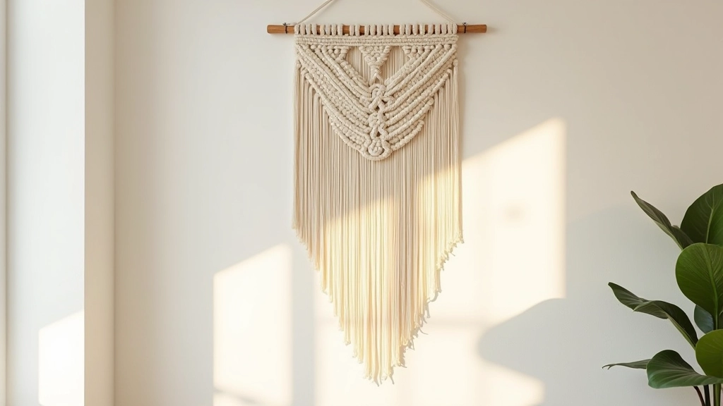Hand-knotted macramé wall hanging in natural cream cotton displayed on white wall with morning light