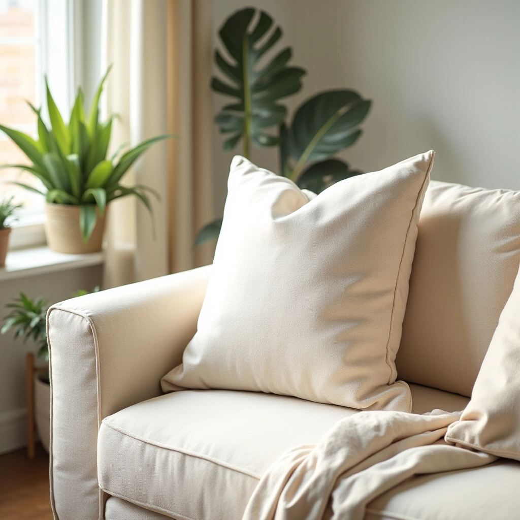 Styled home interior showing linen throw pillow arranged on comfortable sofa with natural afternoon light
