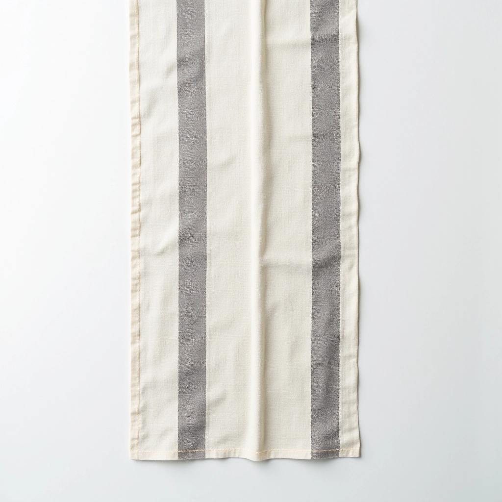 Classic linen table runner with charcoal and cream stripes, laid flat on wooden table