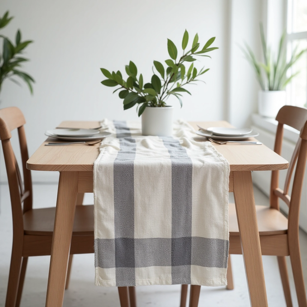 Linen table runner with charcoal stripe pattern draped elegantly across a wooden dining table with place settings, natural daylight creating soft shadows on the fabric