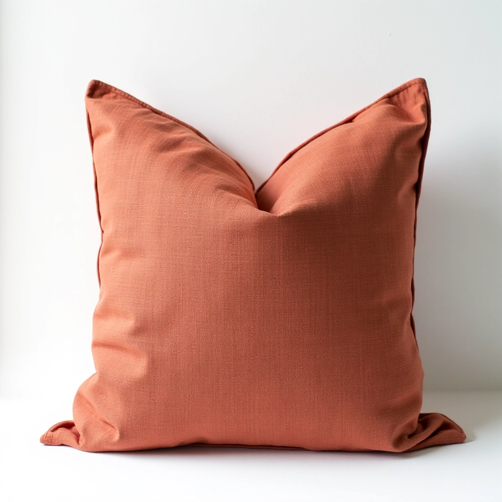 Natural linen throw pillow with subtle grid pattern in warm terracotta, displayed upright on white background