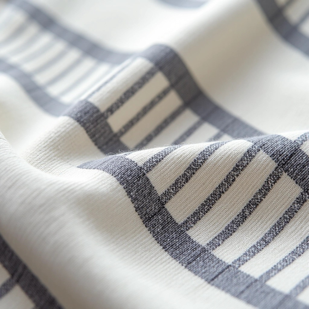 Close-up detail shot of linen table runner showing the charcoal and cream woven stripe texture, fabric weave pattern clearly visible with natural lighting