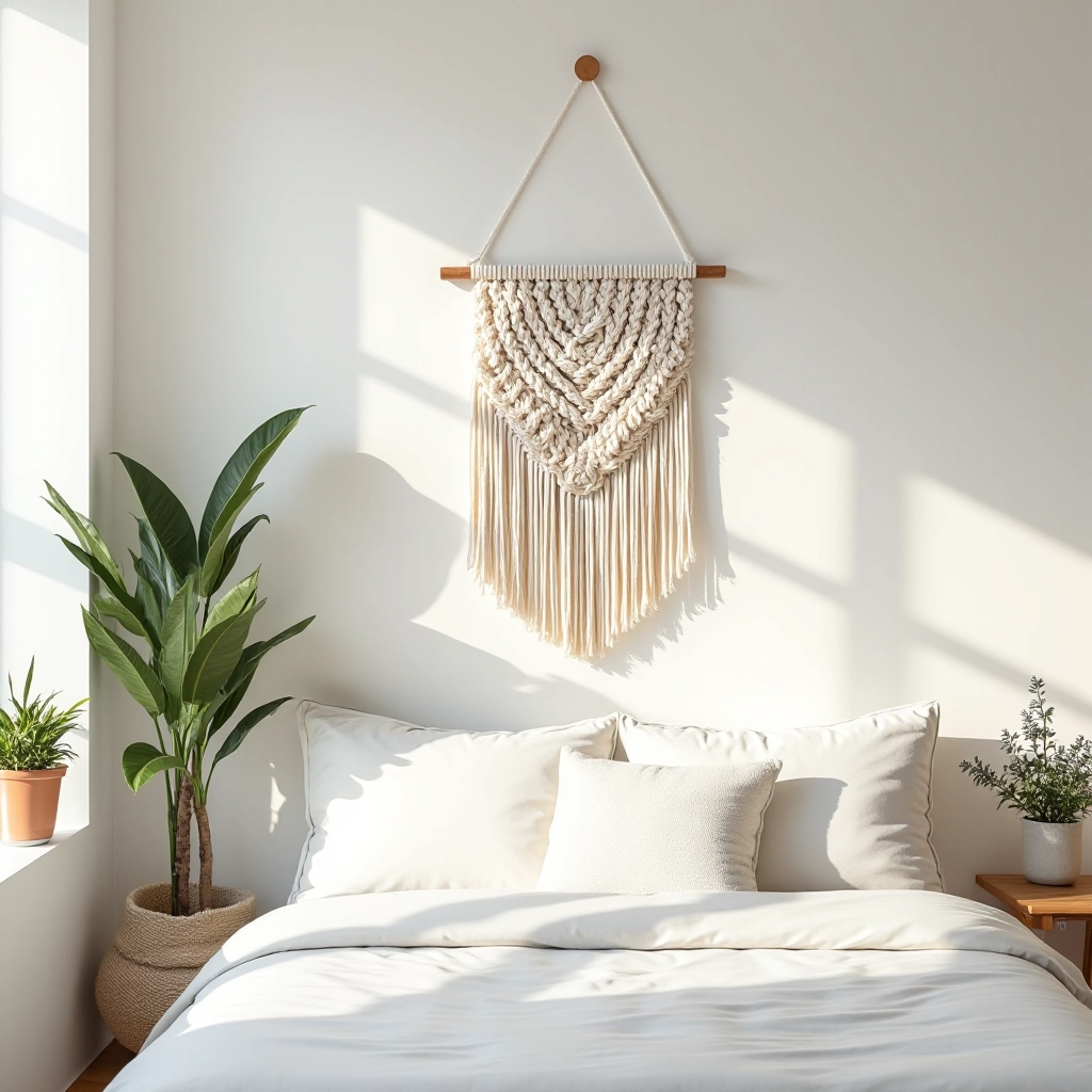 Macramé wall hanging styled in modern minimalist bedroom corner with potted plant and simple wooden shelf