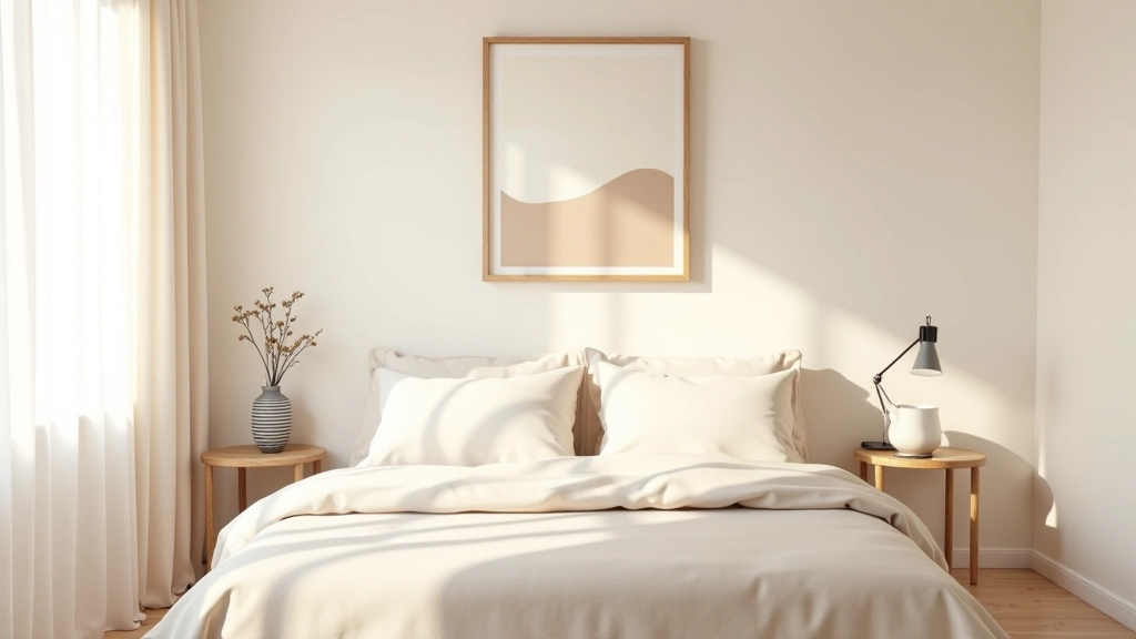 Modern minimalist bedroom with geometric wall art above bed, neutral tones, bright natural light