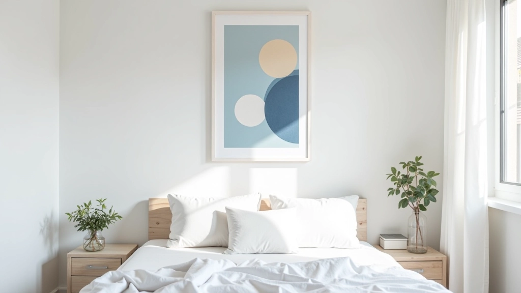Modern studio apartment with geometric canvas art above bed