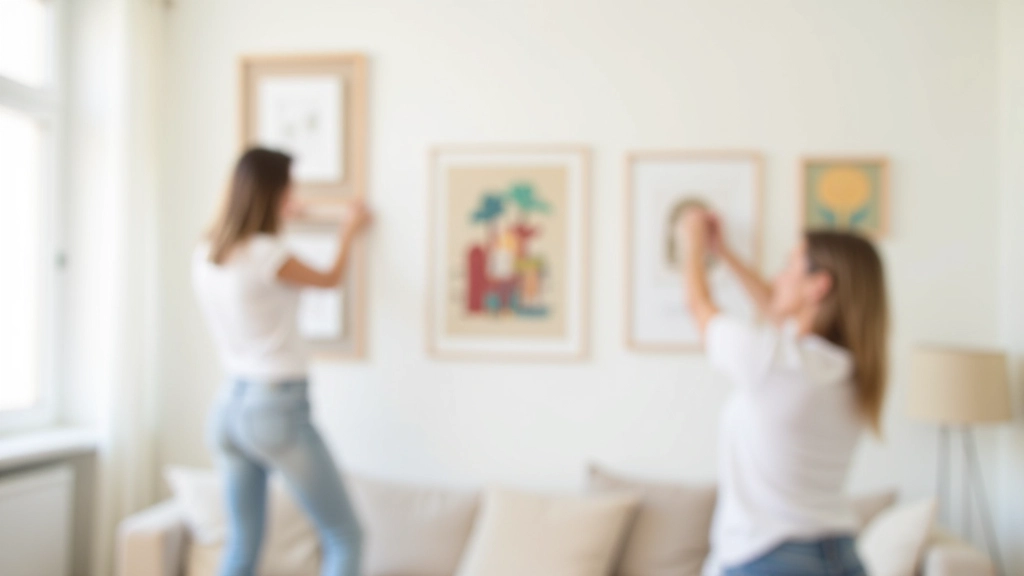 Person hanging wall art with mounting strips