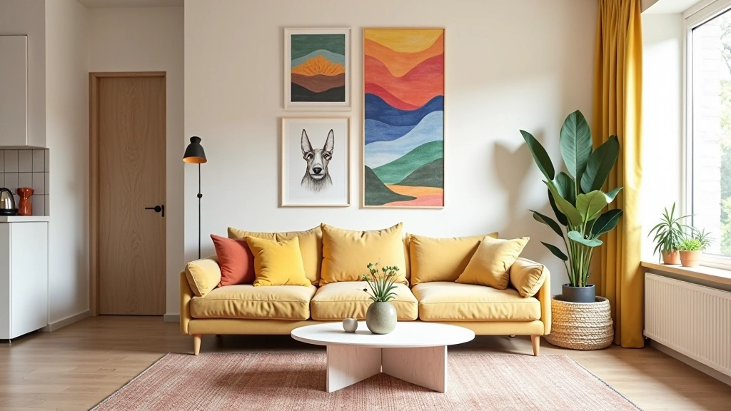 Beautiful apartment decorated with wall art and textiles showing our product style