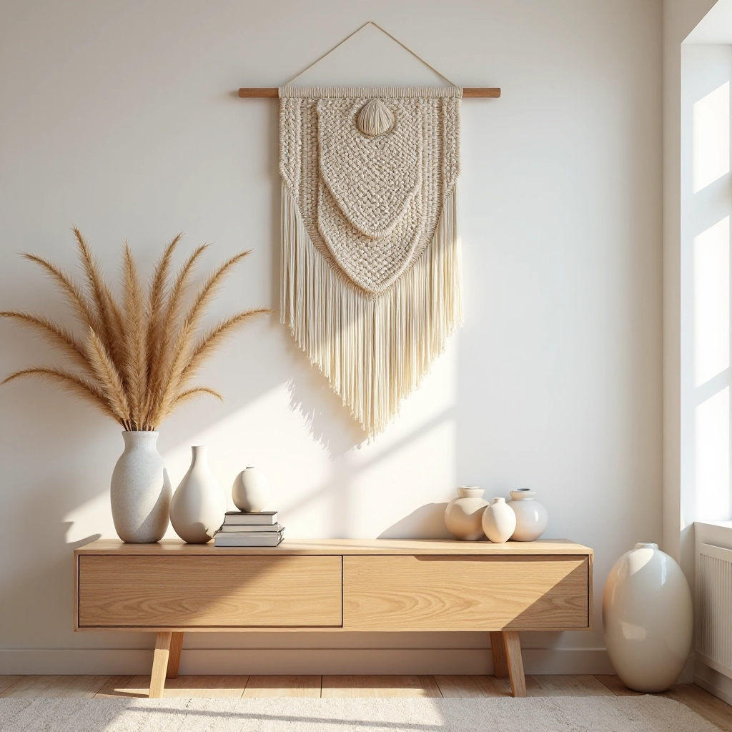 Styled macramé wall hanging above wooden console table with decorative objects and dried flowers in warm living room setting